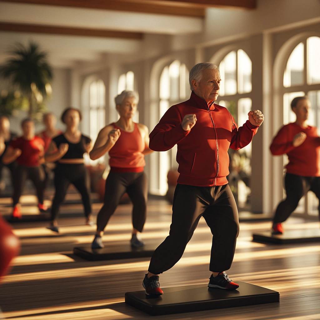 Група пенсіонерів виконує легкі вправи під наглядом інструктора